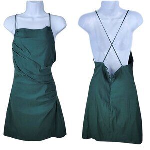 Zara Draped Linen Blend Backless Dress Size Large Hunter Green Ruched Mini